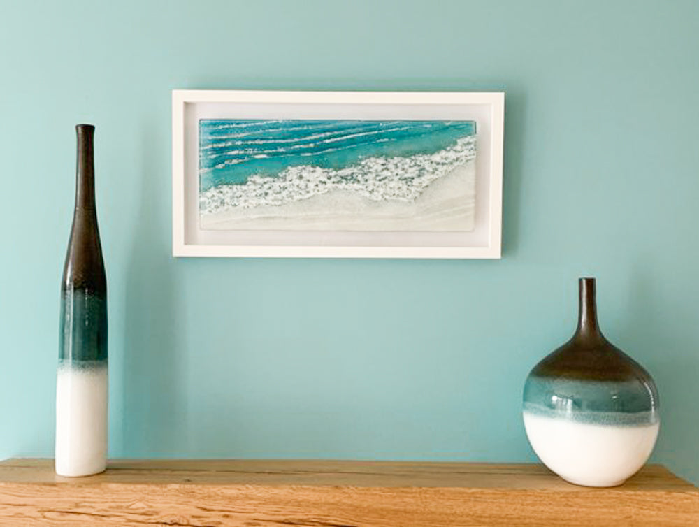 Toe Tickling Tide - Large Wave Landscape Frame Fused Glass Wall Art - 60x30cm(12x23 1/2")