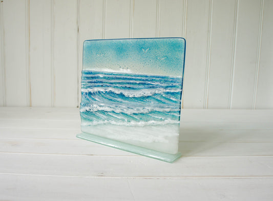 Square Wave Stand 22x20cm(8 1/2x7 3/4"), Wave Suncatcher, Teal Wave Freestanding Panel, Fused Glass Coastal Art, Wave Model 3