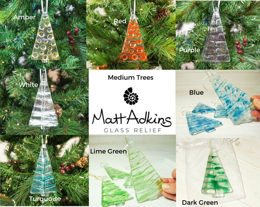 2 to 6 Medium glass Christmas trees decorations at 12cm/4", choose colours 8 available, hanging glass Christmas tree ornament