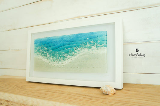 Paradise Glass Frame 45x25cm/18x10", Teal Seabed Beach Sand Foam Landscape Frame, Fused Glass Ocean Wall Art, Coastal Glass Art Sculpture