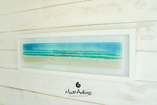 Panoramic Beach Wall Art 60x20cm(23 1/2x8"), Landscape Turquoise Seaside Glass Framed Picture, Fused Glass Coastal Ocean Wall Art Decor