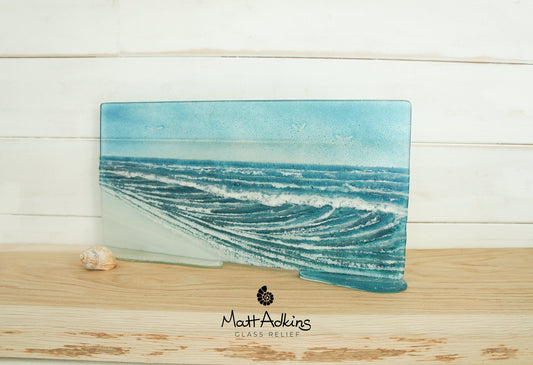 Wave Glass Art 40x20cm(16x8"), Turquoise Blue Teal Wave Panel Freestanding, Fused Glass Sea Art, Coastal Scene, Ocean Glass Art Sculpture