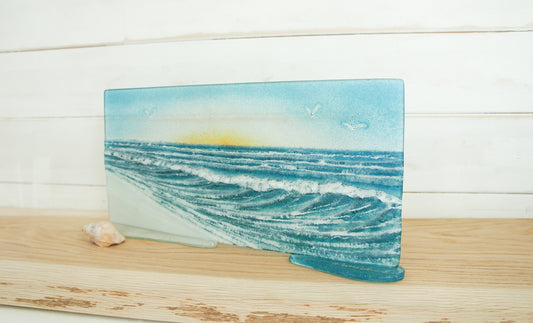 Wave Glass Art Sun 40x20cm(16x8"), Turquoise Teal Wave Panel Stand Seagulls, Fused Glass Ocean, Fused Glass Art, Sea Glass Art