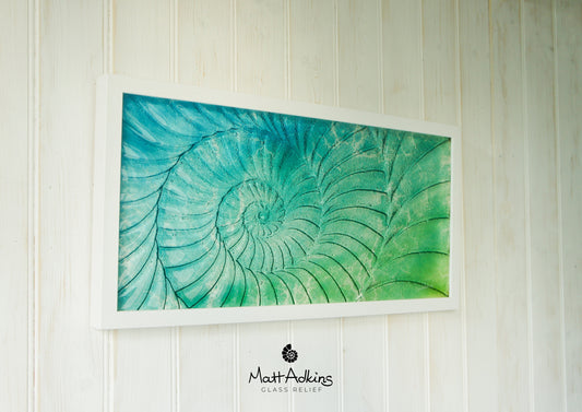 Large Ammonite Wall Art 60x30cm(23"x12"), Lime Green Turquoise Blue Landscape Fossil 60x30cm, Fossil Nautilus Panoramic Framed Picture