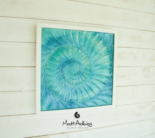 Large Ammonite Frame 44x44cm (17"x17"), Turquoise Blue Fossil Swirl Glass Sculpture Framed Picture, Nautilus Seashell Glass Wall Art