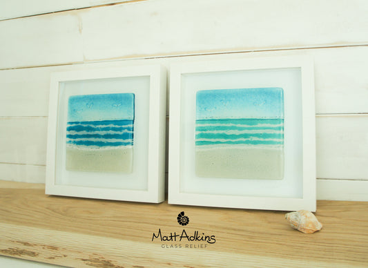 2 Beach Frames 25x25cm/10", Blue and Turquoise Seaside Glass Framed Picture sea and sand, fused glass wall art FB221&FB222