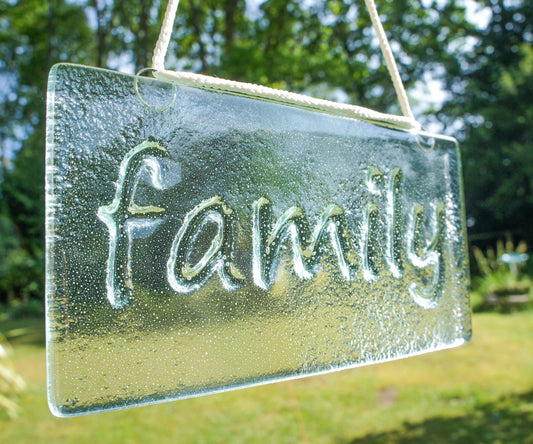 Family Suncatcher 20x10cm(8x4"), Family Sign Fused Glass Clear Hanging Suncatcher, Family Word Sign, Handmade Window Decoration Art