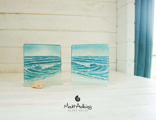 Set of 2 Rolling Wave Stands 15cm(6"), Fused Glass Wave Art, Coastal Birds Glass Art, Breaking Wave, Ocean Window Suncatcher Model 2