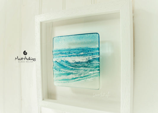 Wave Art Picture Frame, fused glass wall art, wave in a box D2 25x25cm, wave art, bathroom pictures, 3D art, coastal wall art, framed art