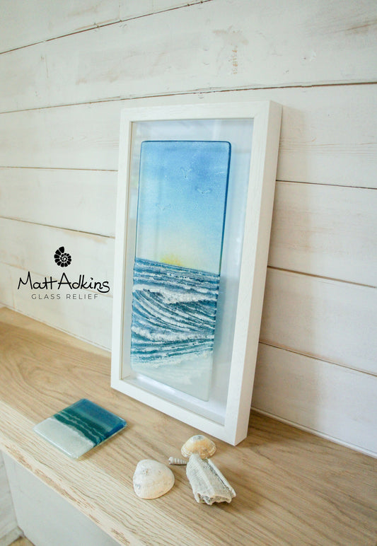 Portrait Wave Frame 25cmx45cm(10x18"), Turquoise Blue Portrait Fused Glass Wave Wall Art, Coastal Glass Sculpture Surfer's Wave Art