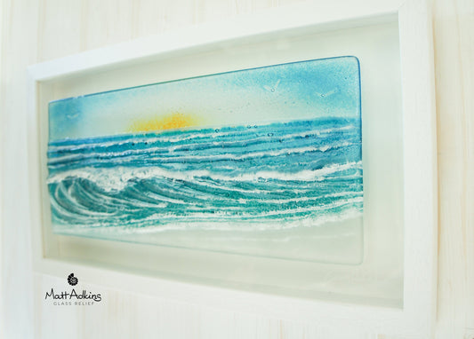 Landscape Wave Frame 45x25cm(18x10") Sun, Seaside Picture, beach sky bird sand Wall Art, Coastal Fused Glass Wall Sculpture, Breaking Wave