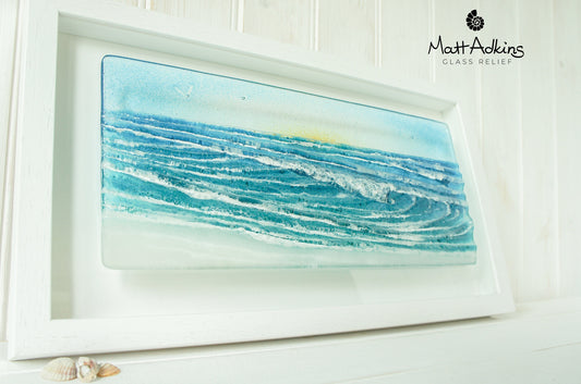 Landscape Wave Frame 45cmx25cm(18x10") Sun D2, Panoramic Glass Wave Wall Art, Fused Glass Wall Art Scuplture, Coastal Surfer's Wave Art