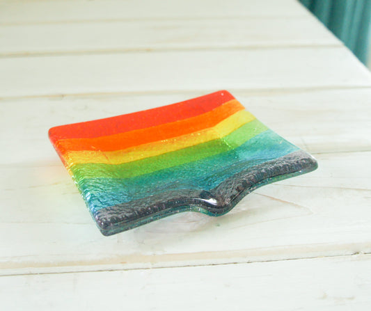 Rainbow Glass Soap Dish 13x10cm(5"x4") | Rainbow Hope Soap Dish | Stripey Rainbow Fused Glass Soap Dish