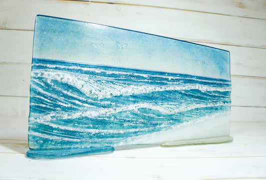 Wave Glass Art 40x20cm(16x8") Suncatcher, Turquoise Blue Wave Panel Freestanding D2, Fused Glass Sea Art, Coastal Scene, Glass Art Sculpture