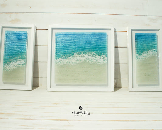 Triptych Paradise Frames including 2 at 25cmx45cm(10x17") + 1 at 45x45cm(17x17"), 3 Paradise Large Square Sea Beach Fused Glass Frames