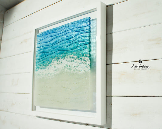 Large Paradise Frame 44x44cm(17x17"), Paradise Large Square Sea Beach Fused Glass Wall Art, Coastal Sea Glass Wall Sculpture, Sea Glass Art