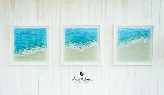 Triptych Paradise Frames, each frame is 45x45cm(17x17"), 3 Paradise Large Square Sea Beach Fused Glass, Total width 135x45cm(53x17")+gaps