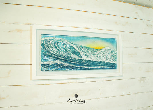 Surfer's Wave Sun in a Frame 60x30cm/23x12", The Surfer's Wave sea wave wall decor, Fused Glass wall art seaside wave sculpture, Sea Glass