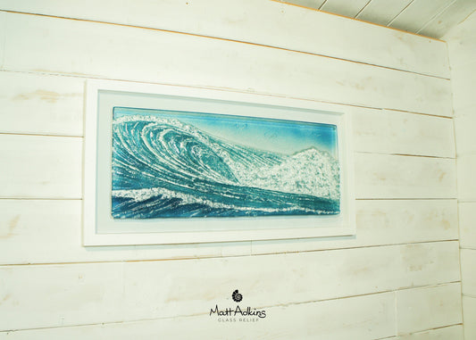 Surfer's Wave in a Frame 60x30cm/23x12", The Surfer's Wave sea wave wall decor, Fused Glass wall art seaside wave sculpture