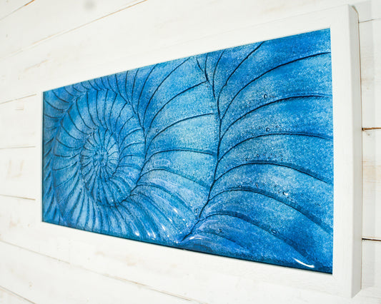 nautilus wall art, blue fossil frame, large wall art