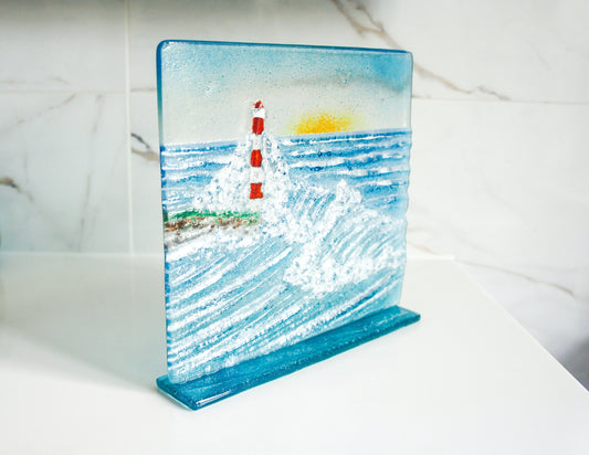 lighthouse suncatcher, glass art, wave art, lighthouse art