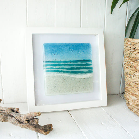 fused glass art, beach fused glass framed art, blue coastal wall art, ocean decor, sea glass art