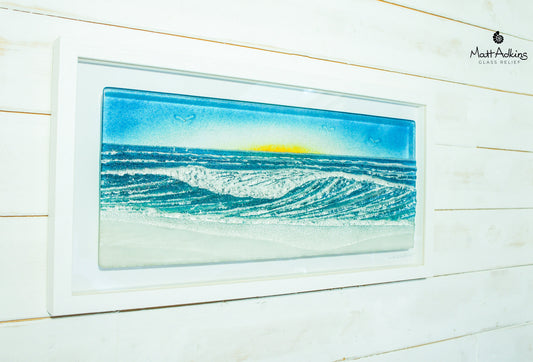 large landscape fused glass framed wall art, coastal wall decor, panoramic wave wall art, seascape frame, ocean wall art, glass picture frame