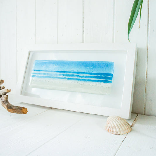 landscape fused glass art, beach fused glass framed art, blue coastal wall art, ocean decor, sea glass art