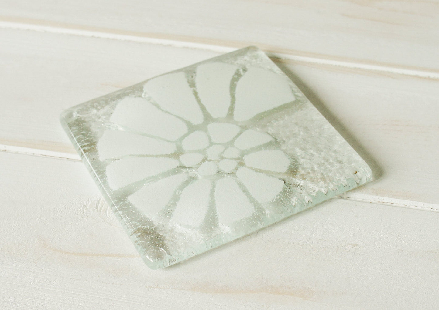 white fused glass coaster, single coaster, ammonite, shell, fossil, gift, house warming gift, mother&#39;s day gift, handmade coaster, personalised coaster