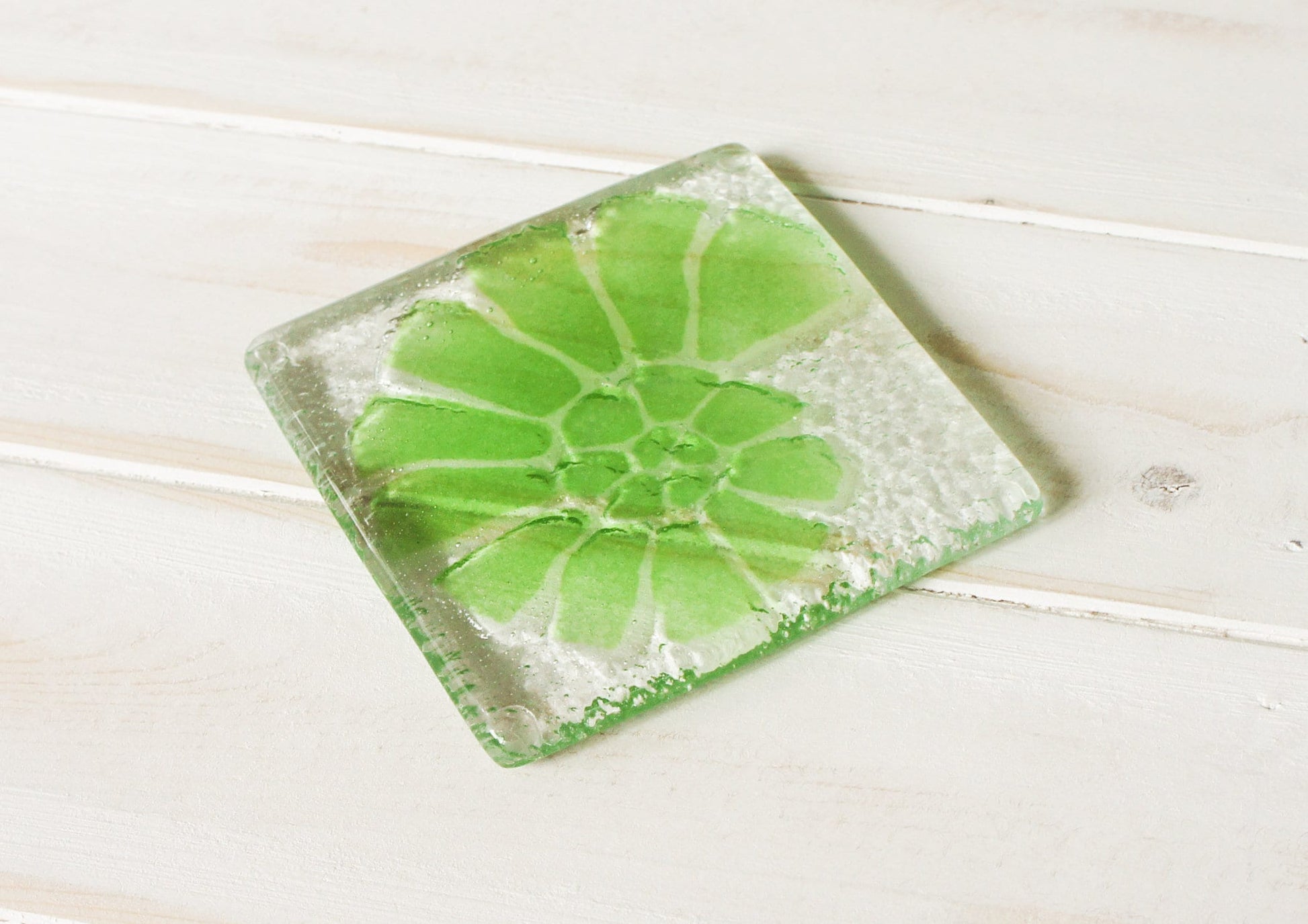 green fused glass coaster, single coaster, ammonite, shell, fossil, gift, house warming gift, mother&#39;s day gift, handmade coaster, personalised coaster