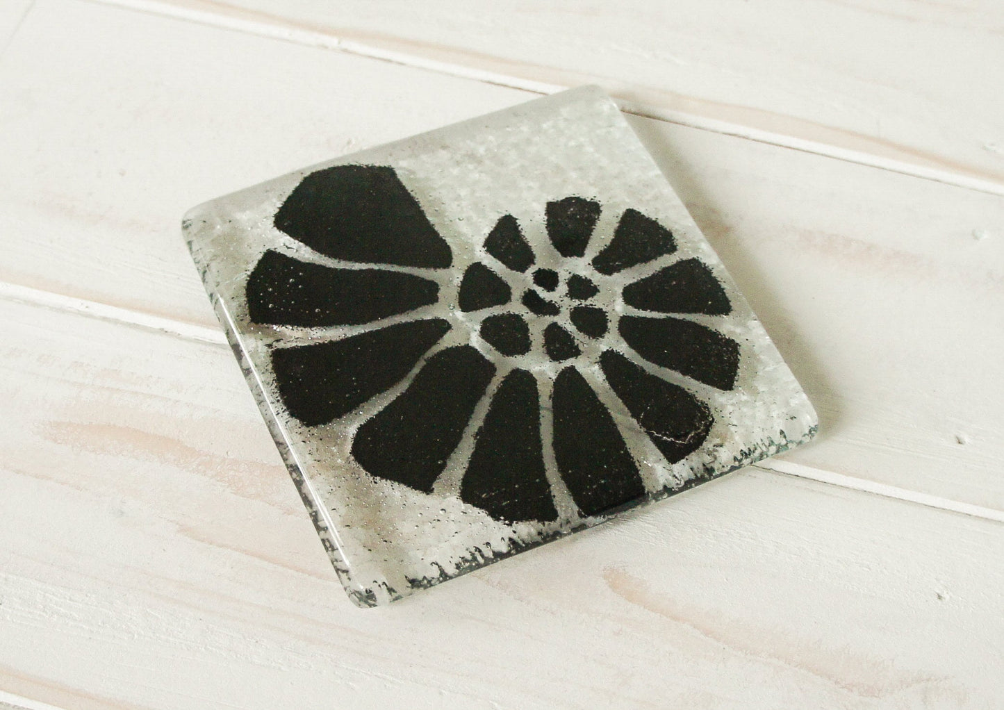 black fused glass coaster, single coaster, ammonite, shell, fossil, gift, house warming gift, mother&#39;s day gift, handmade coaster, personalised coaster