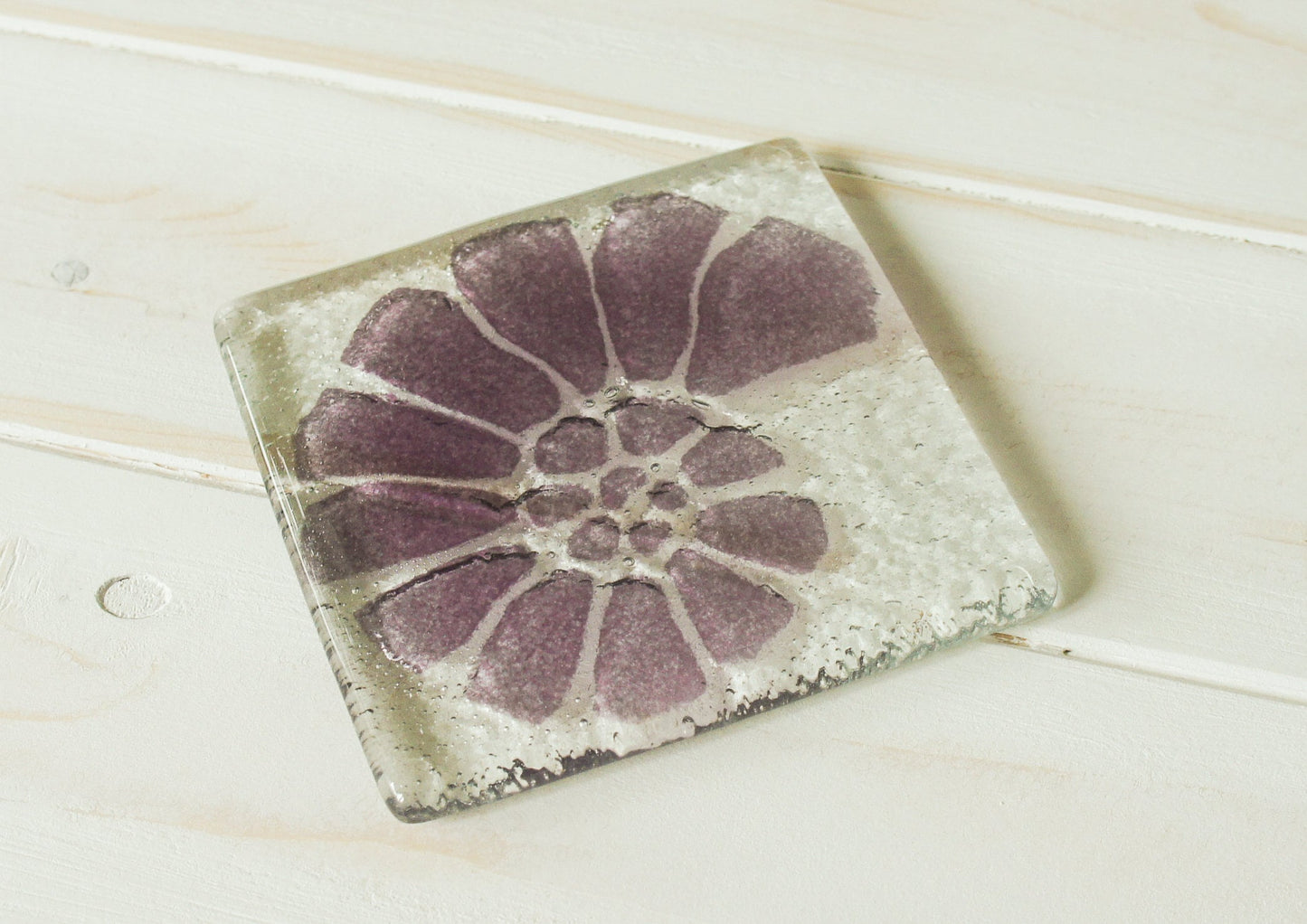 purple fused glass coaster, single coaster, ammonite, shell, fossil, gift, house warming gift, mother&#39;s day gift, handmade coaster, personalised coaster