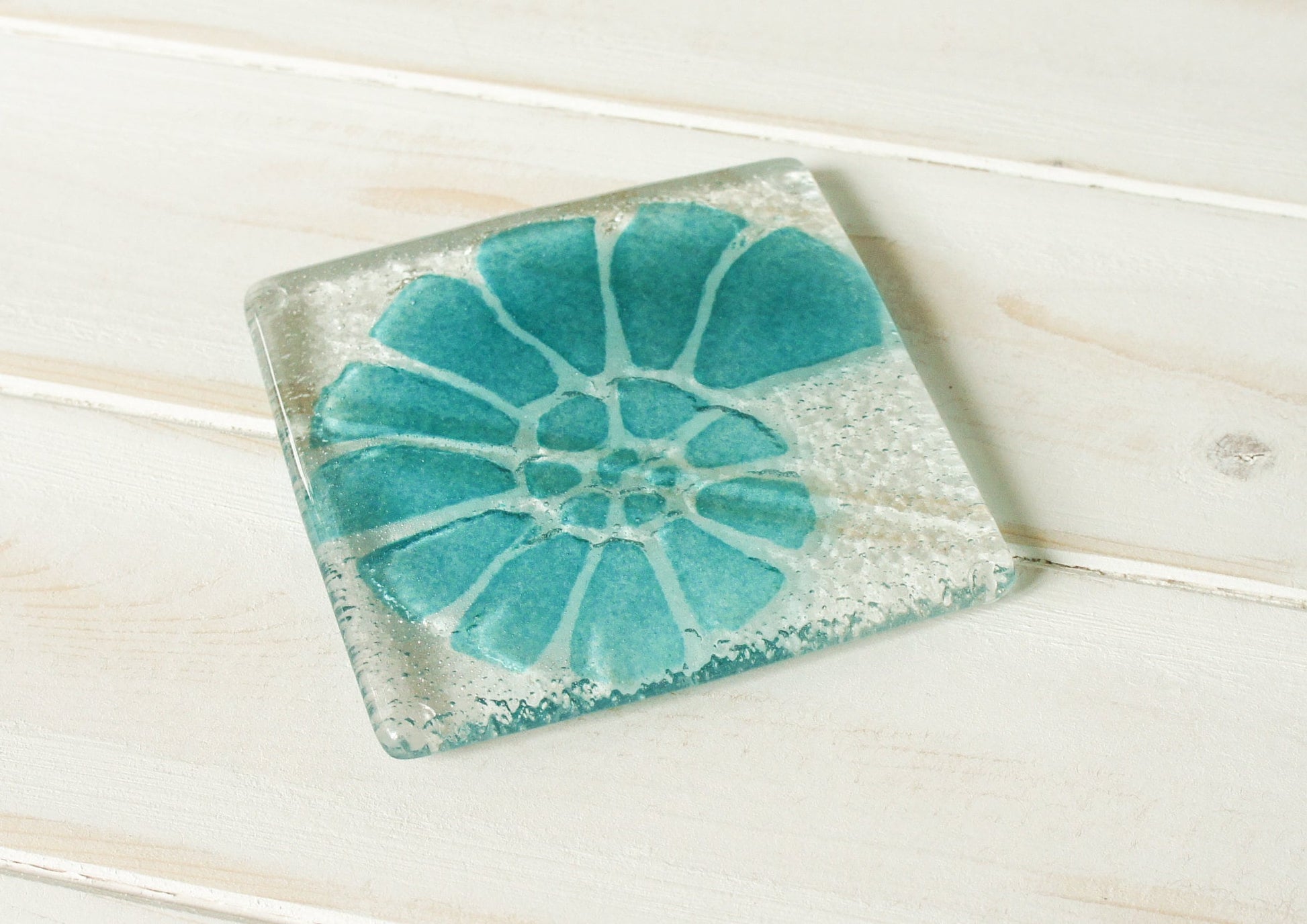 teal turquoise fused glass coaster, single coaster, ammonite, shell, fossil, gift, house warming gift, mother&#39;s day gift, handmade coaster, personalised coaster