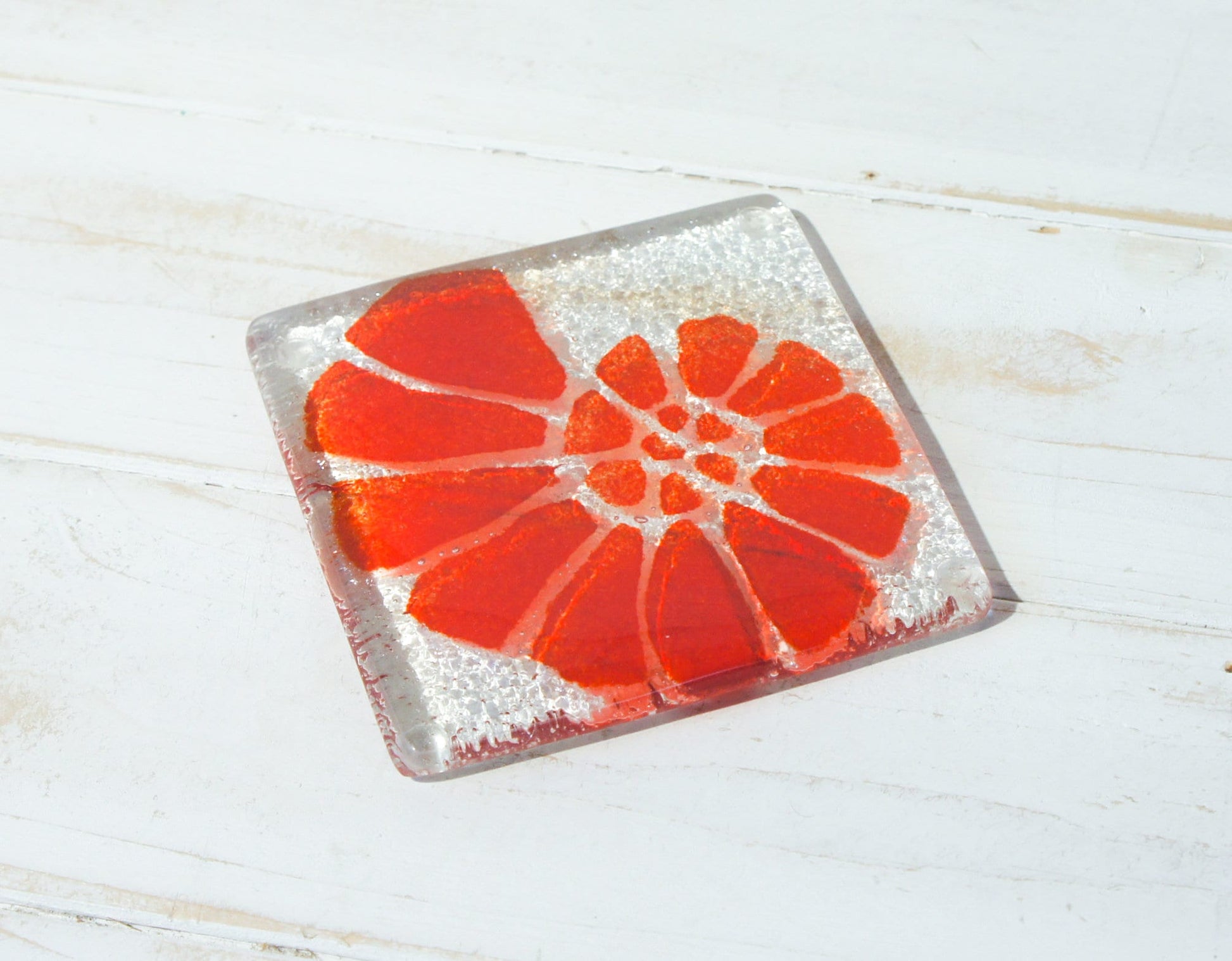 red fused glass coaster, single coaster, ammonite, shell, fossil, gift, house warming gift, mother&#39;s day gift, handmade coaster, personalised coaster