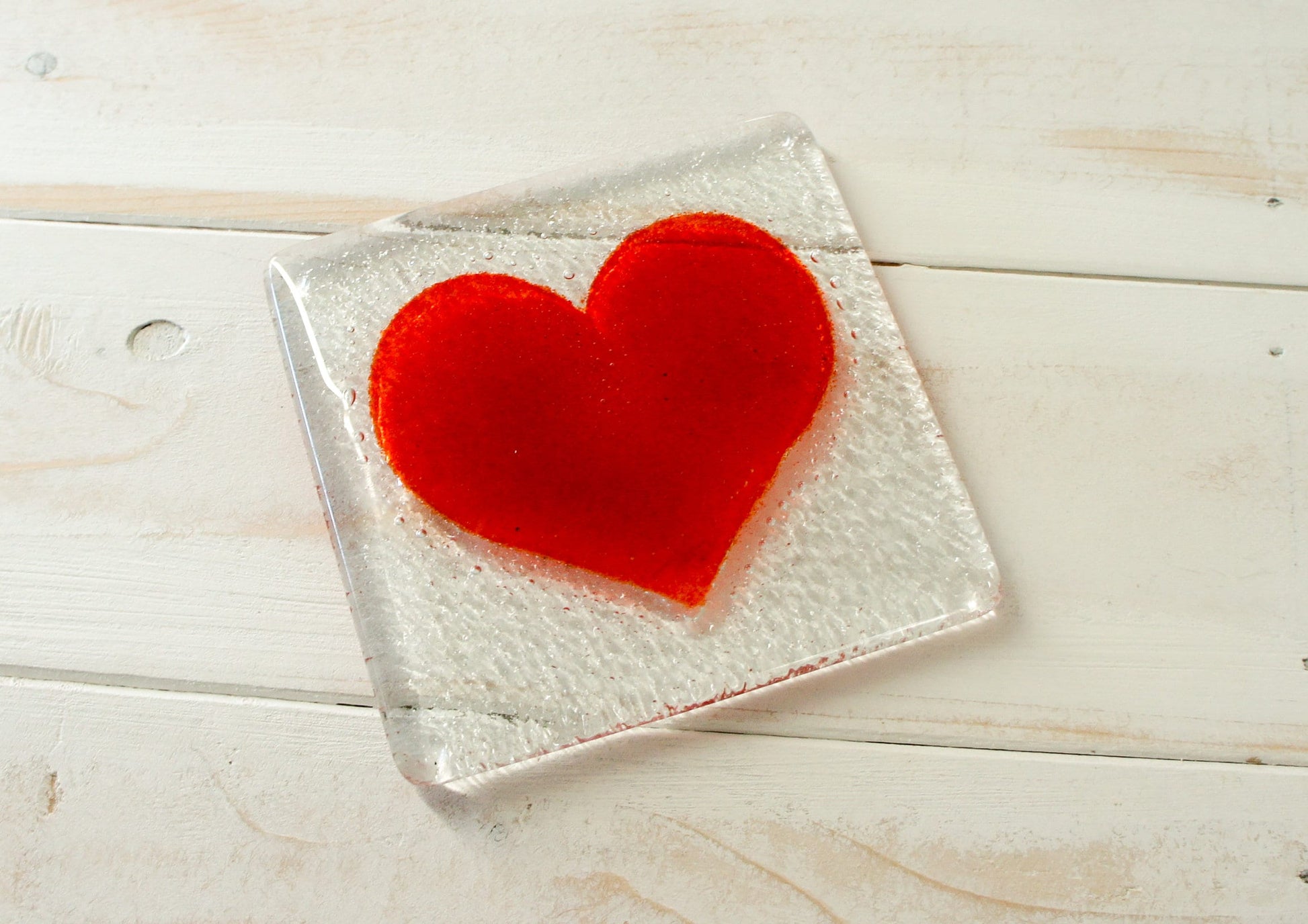 1 Heart Coaster, 1 fused glass heart coaster, single coaster with flower 10x10cm(4x4"), love coaster unique gift with organza bag