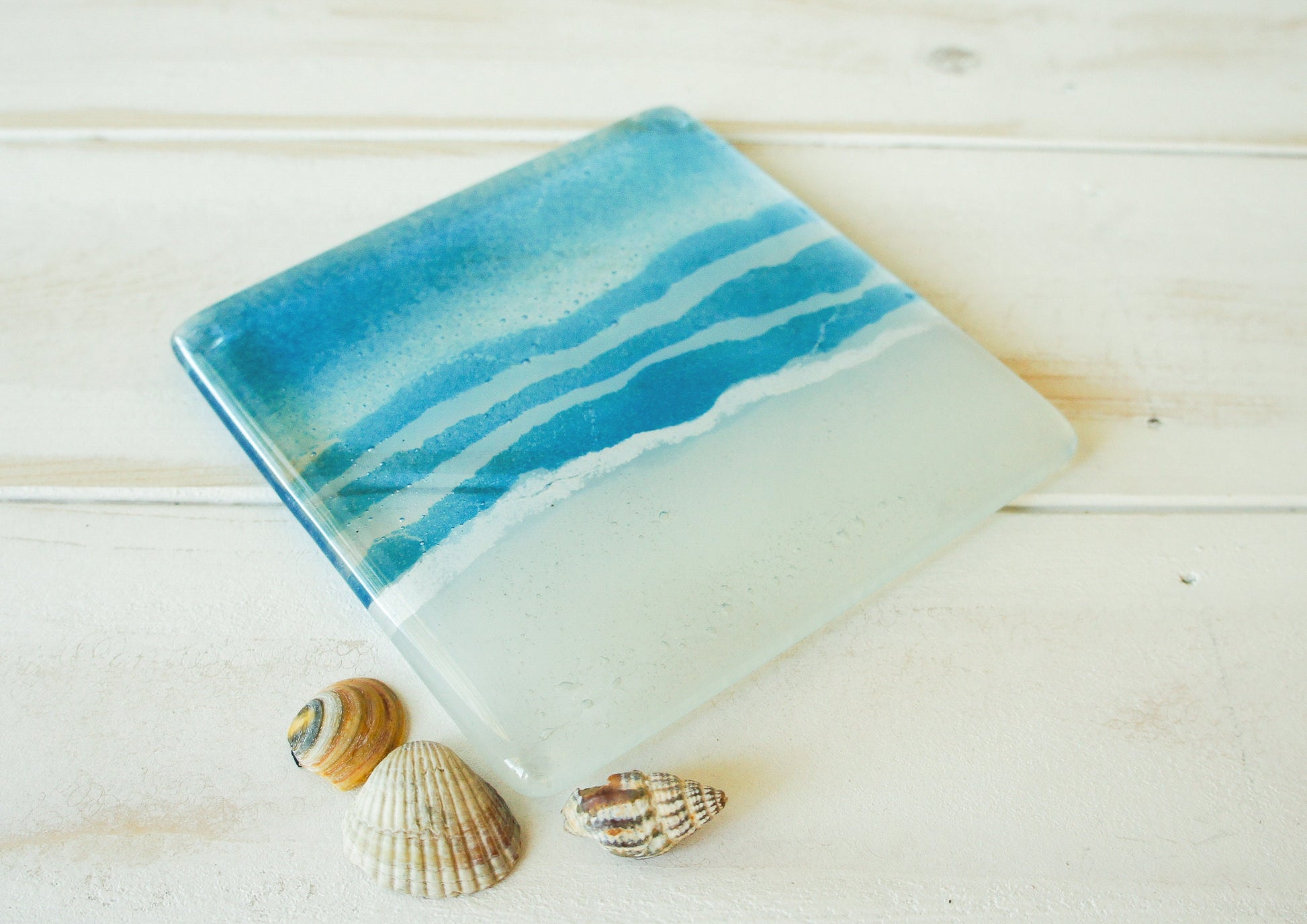 1 Blue Beach Glass Coaster, 1 fused glass coaster 10cmx10cm(4"), sea glass coaster, tile coaster, matt adkins, single coaster gift