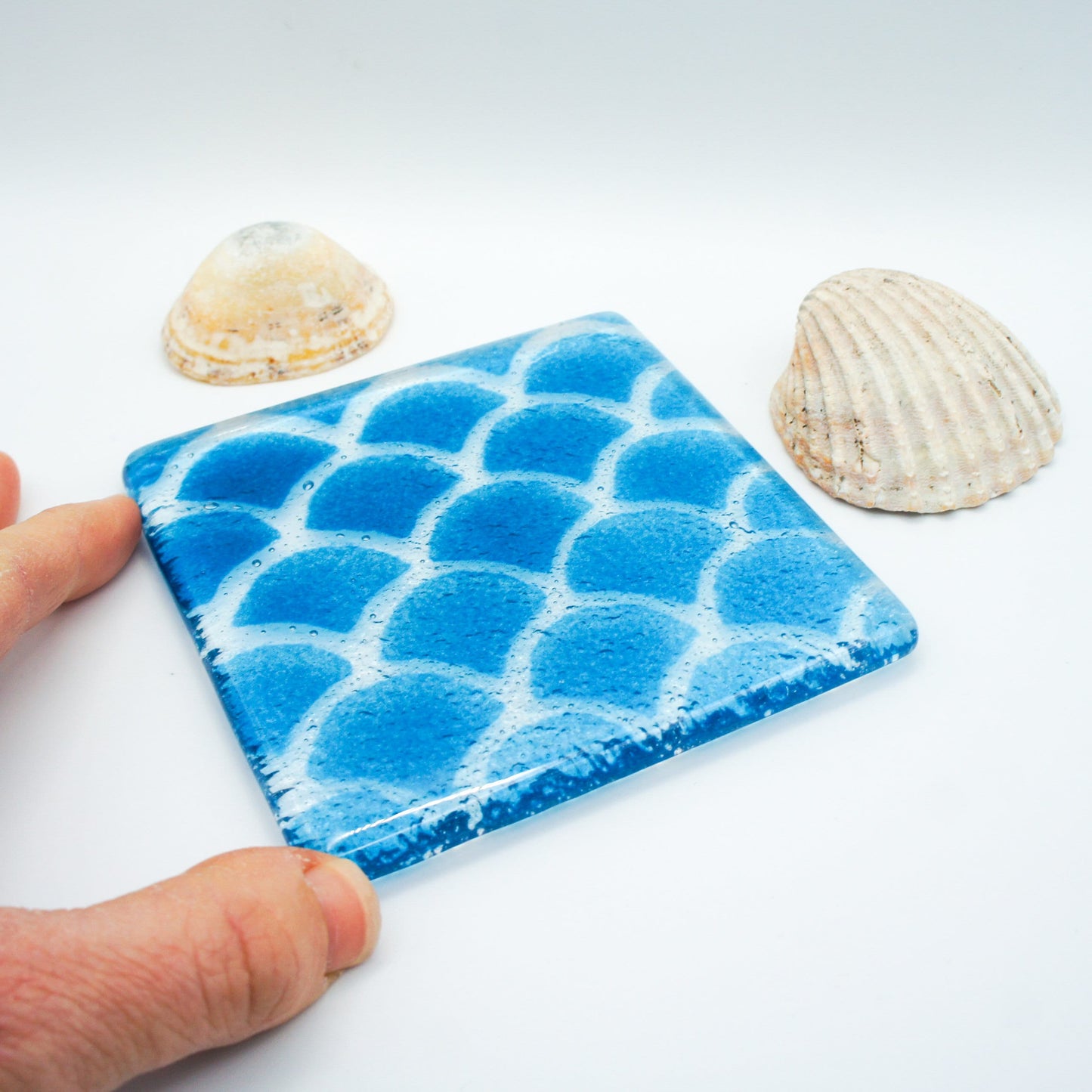 set of 2 Fishscale Fused Glass Coasters, coaster with japanese pattern 10cm(4"), house warming gifts, tile coaster, handmade, mothers day