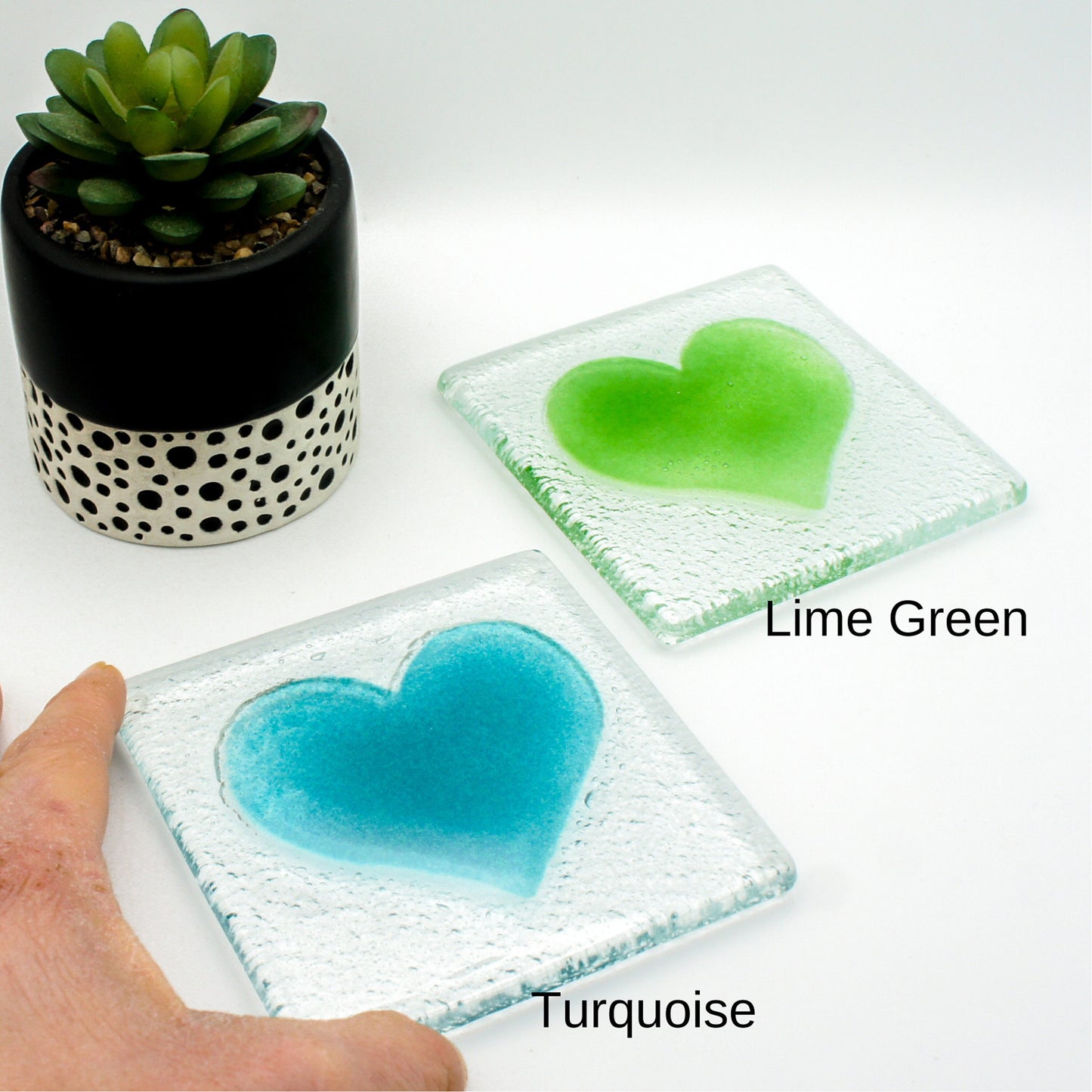 4 Heart Handmade Fused Glass Coasters 10x10cm(4x4"), Choose your colours, fused glass heart coasters