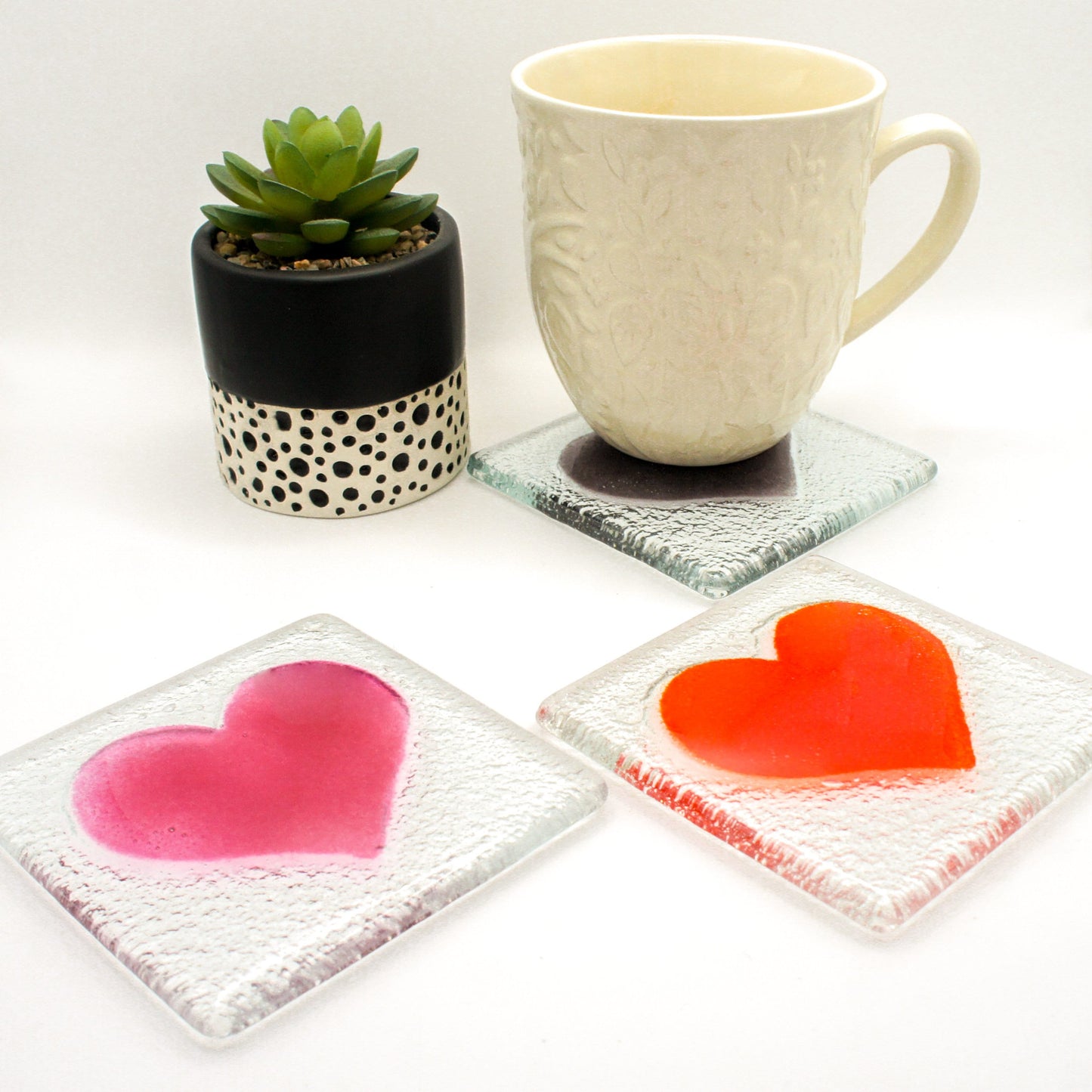 set of 6 Heart Coasters, Set of 6 Choose the colours, heart fused glass coasters, heart coasters, heart tableware, matt adkins