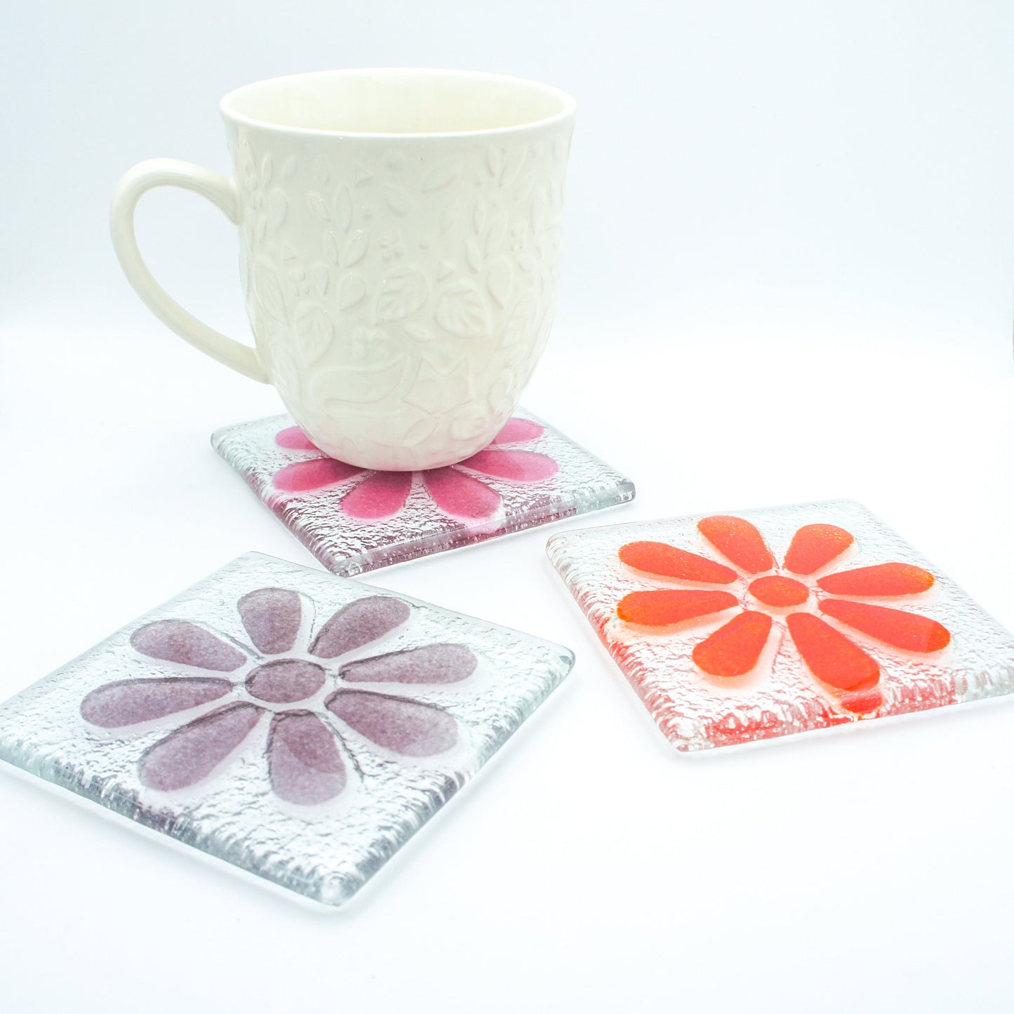 2 Daisy Glass Coasters, Choose the colours, fused glass flower coasters, sea glass daisy coasters, fused glass tableware, matt adkins