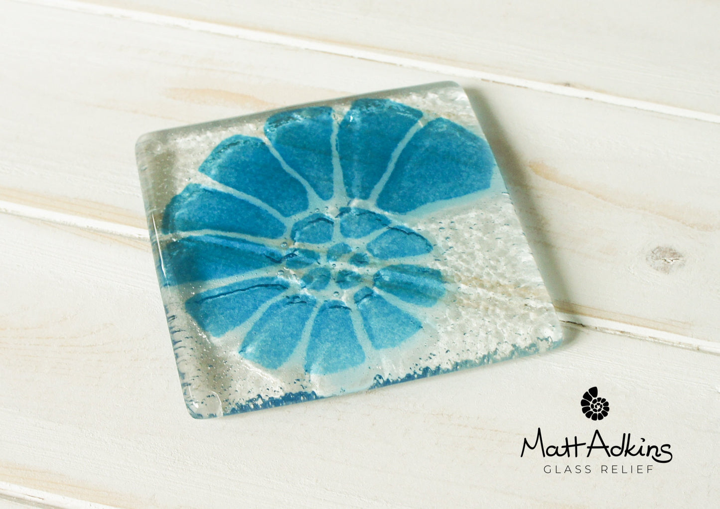 blue fused glass coaster, single coaster, ammonite, shell, fossil, gift, house warming gift, mother&#39;s day gift, handmade coaster, personalised coaster, indigo glass, aqua blue decor