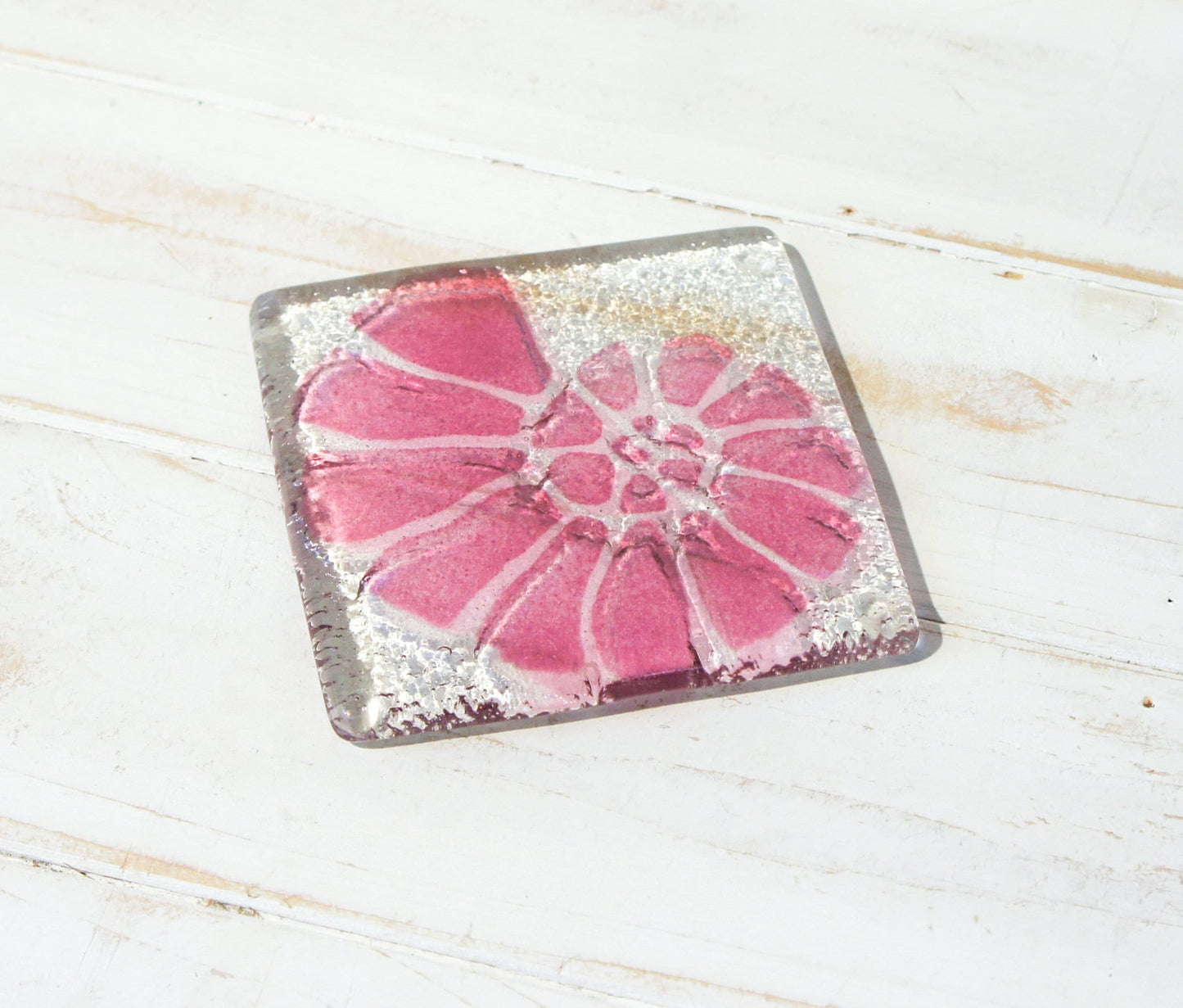 cherry pink fused glass coaster, single coaster, ammonite, shell, fossil, gift, house warming gift, mother&#39;s day gift, handmade coaster, personalised coaster