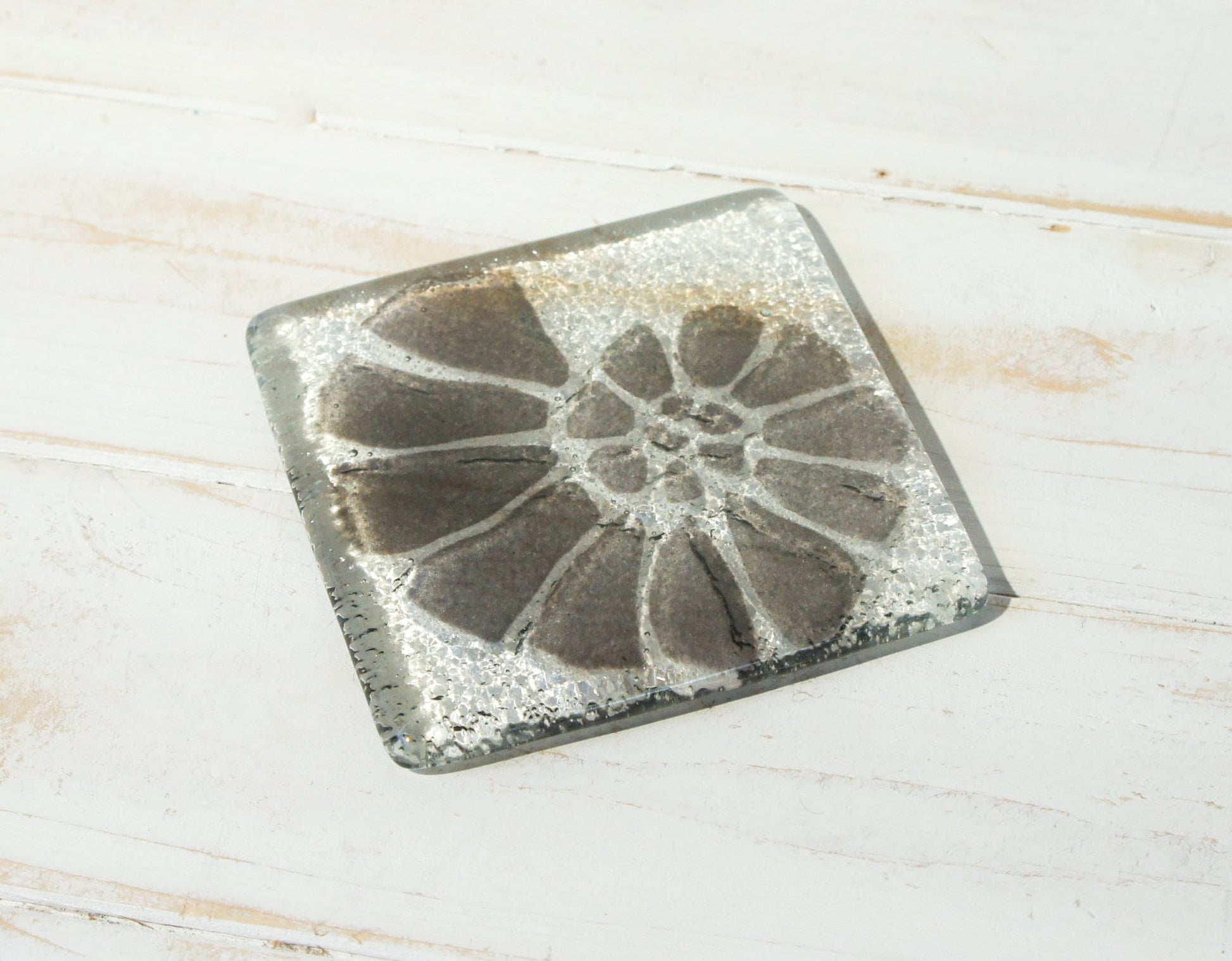 grey fused glass coaster, single coaster, ammonite, shell, fossil, gift, house warming gift, mother&#39;s day gift, handmade coaster, personalised coaster