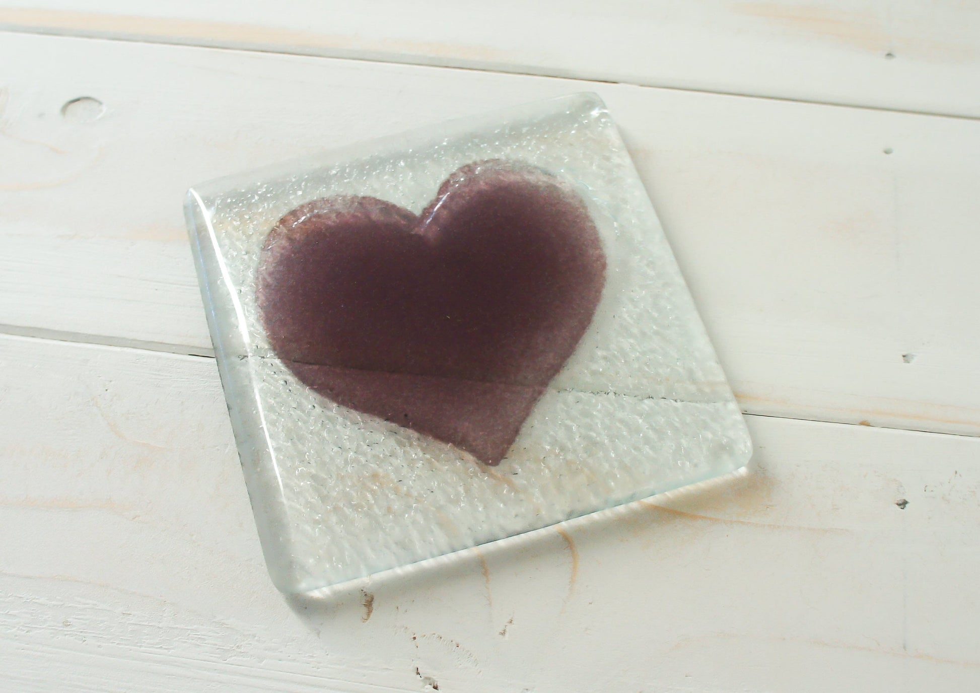 1 Heart Coaster, 1 fused glass heart coaster, single coaster with flower 10x10cm(4x4"), love coaster unique gift with organza bag