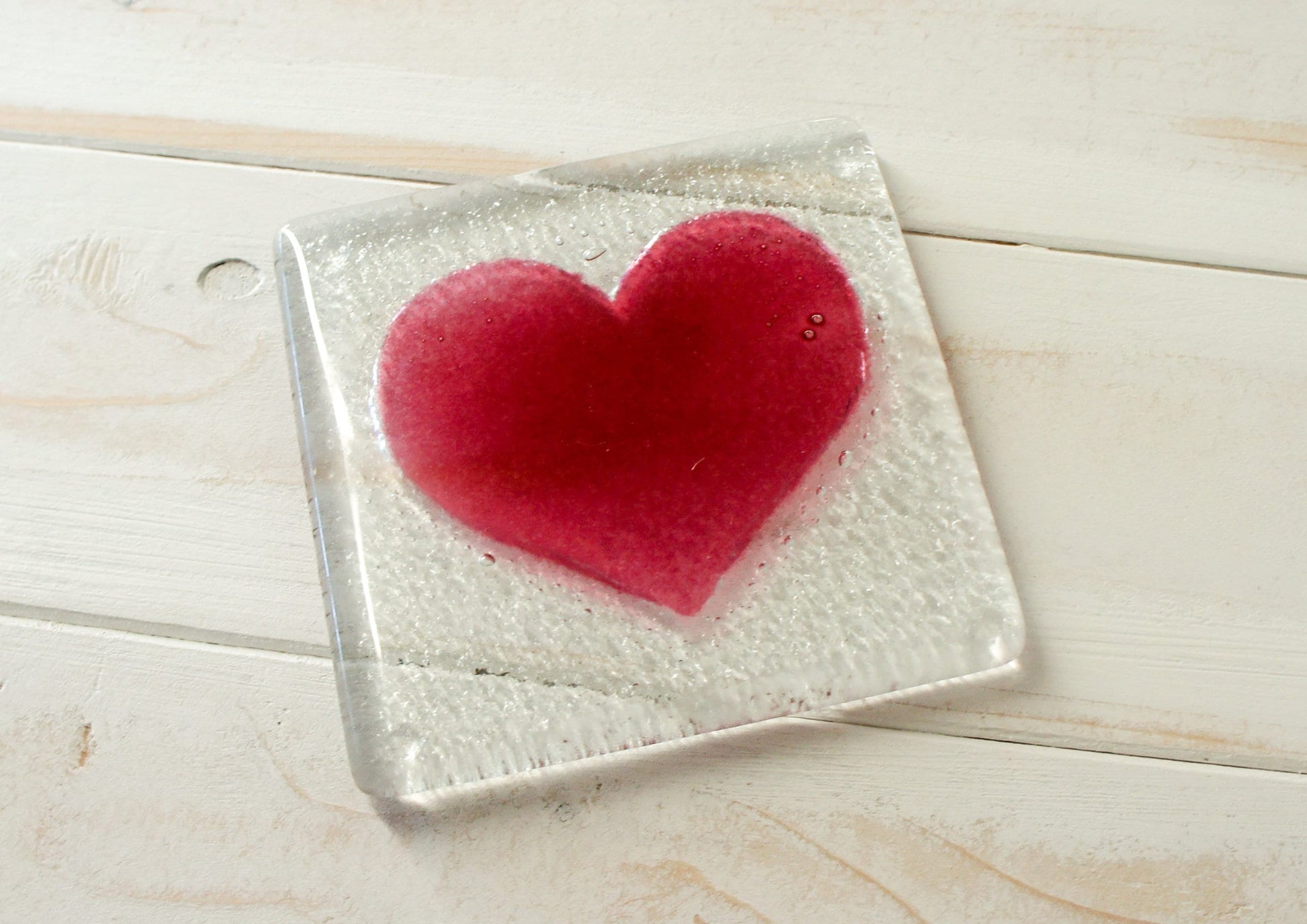 1 Heart Coaster, 1 fused glass heart coaster, single coaster with flower 10x10cm(4x4"), love coaster unique gift with organza bag