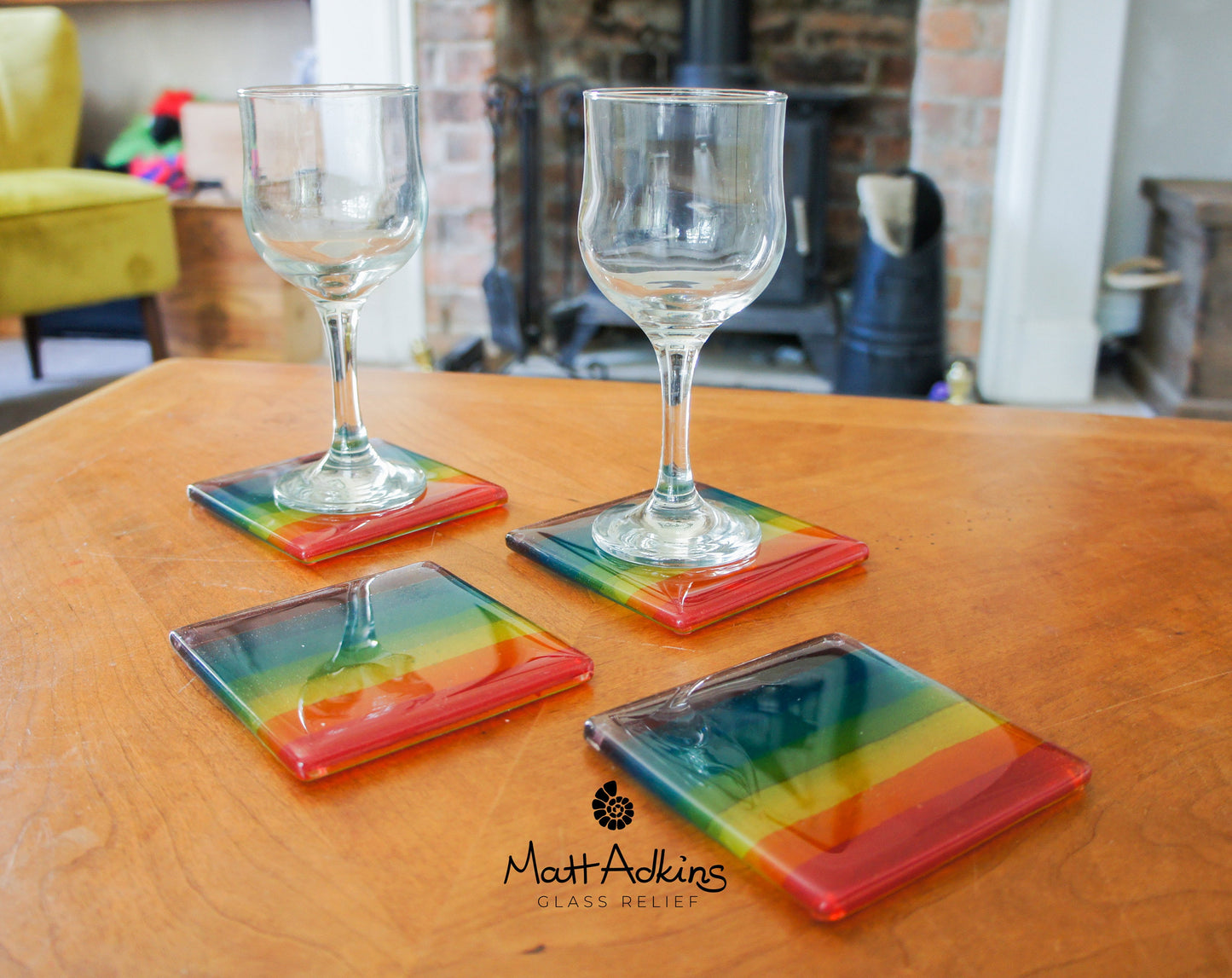 Set of 4 fused glass rainbow coaster, rainbow glass, handmade coaster, tile coaster, anniversary, rainbow gift, rainbow glass, chakra gift