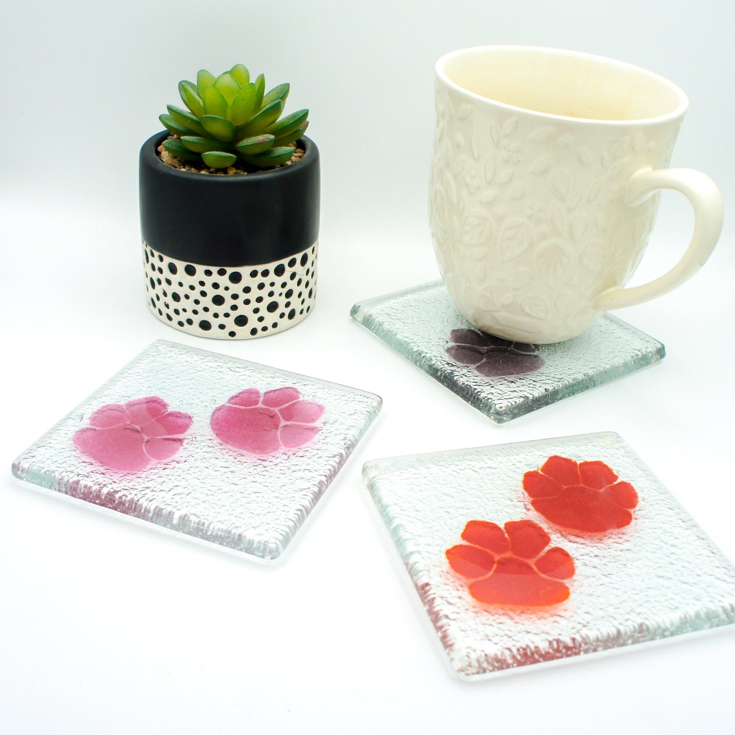 6 Paw Coasters, Choose colours, fused glass coasters, paw print coasters, paw fused glass coasters