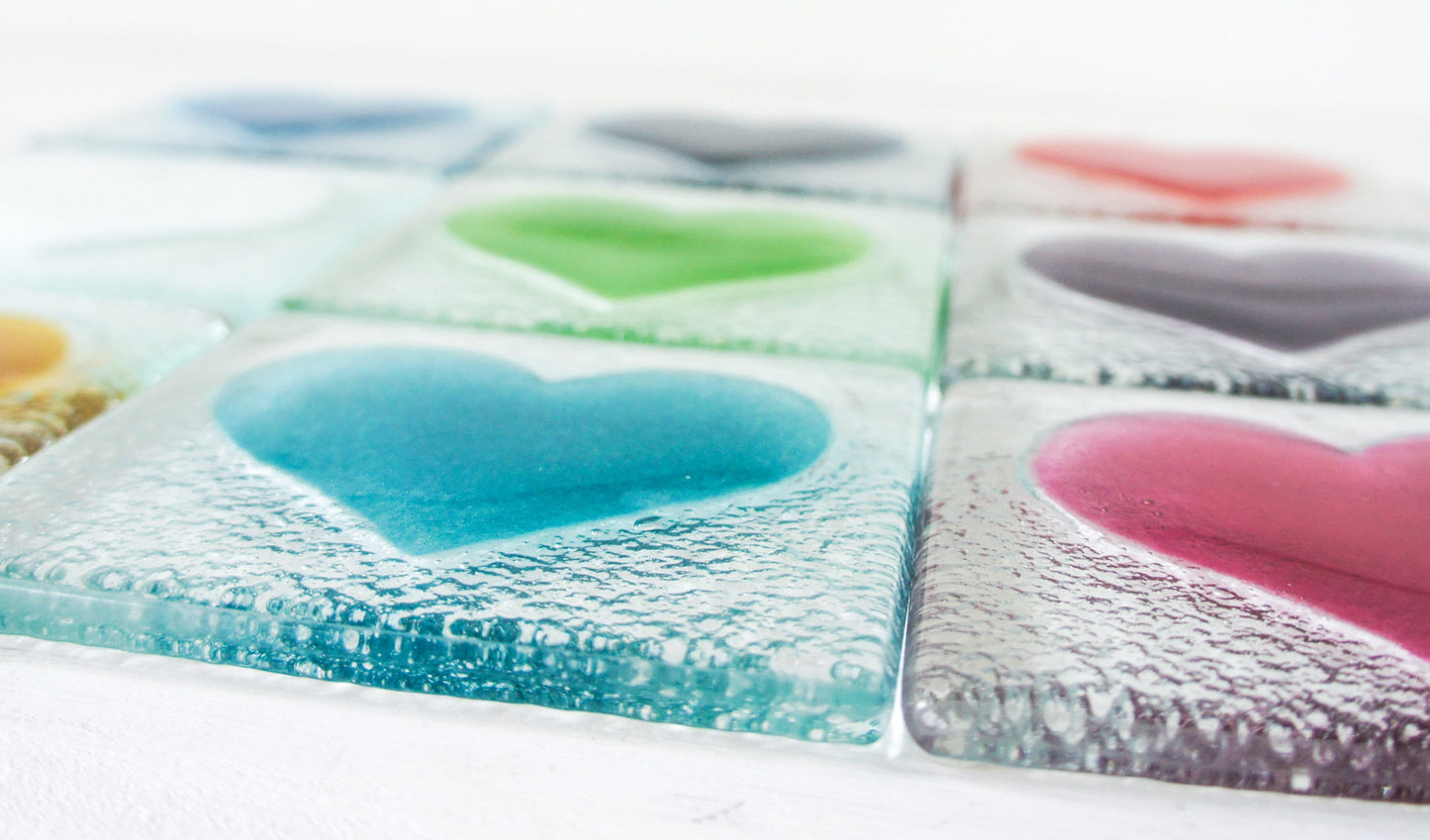 set of 6 Heart Coasters, Set of 6 Choose the colours, heart fused glass coasters, heart coasters, heart tableware, matt adkins