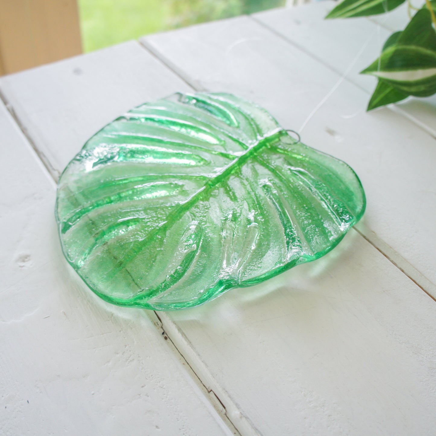 hanging ornament variegated monstera garden decor outdoor decor yard art glass Monstera Leaf Glass Sun catcher fused glass first home gift couples gift sea glass art green suncatcher botanical leaf print