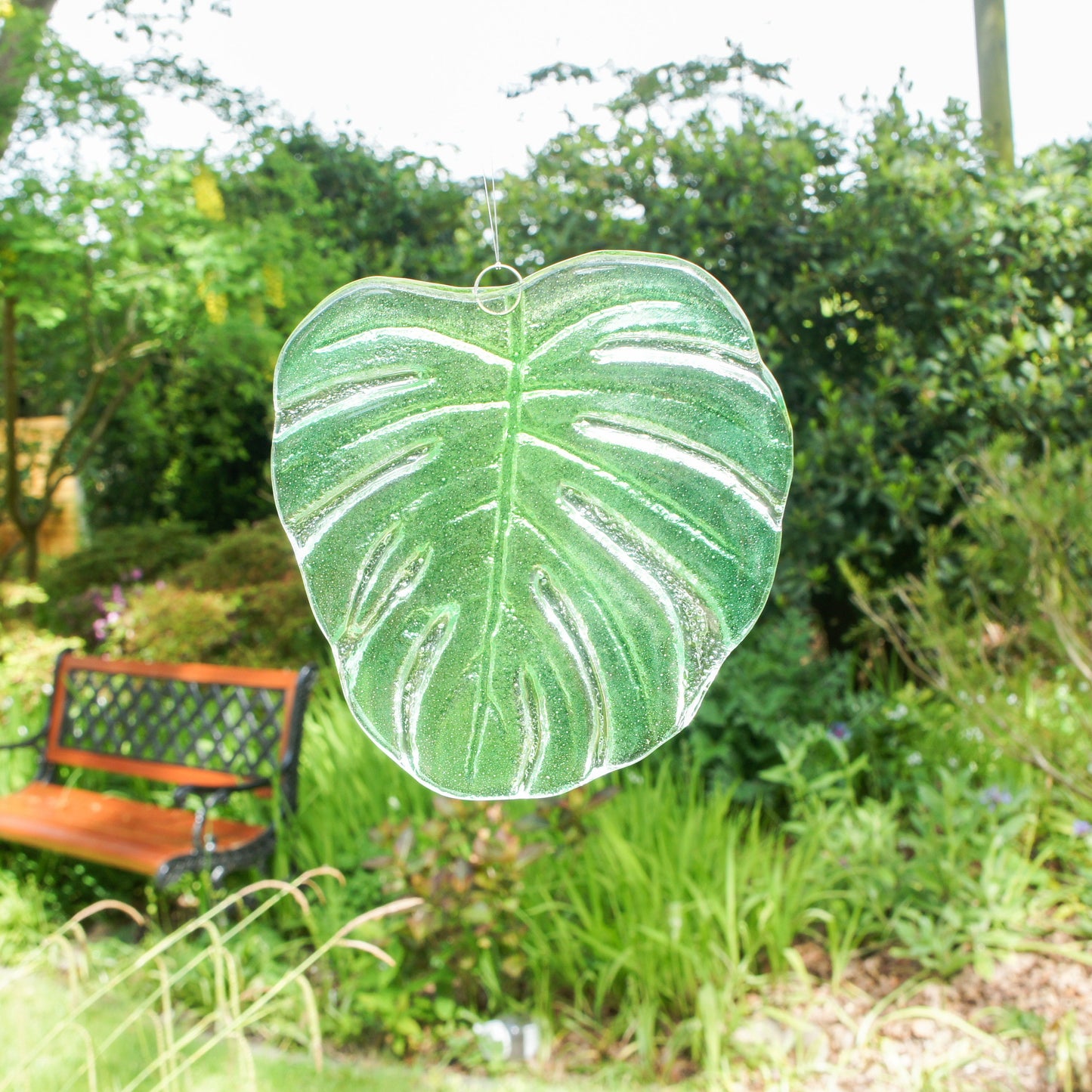 hanging ornament variegated monstera garden decor outdoor decor yard art glass Monstera Leaf Glass Sun catcher fused glass first home gift couples gift sea glass art green suncatcher botanical leaf print